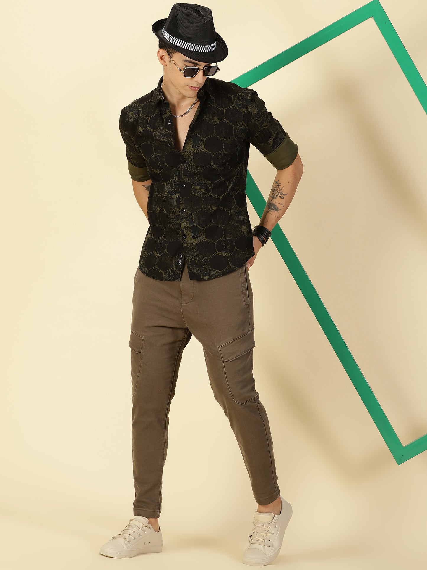 Twill Cotton Printed Dark Green Shirt