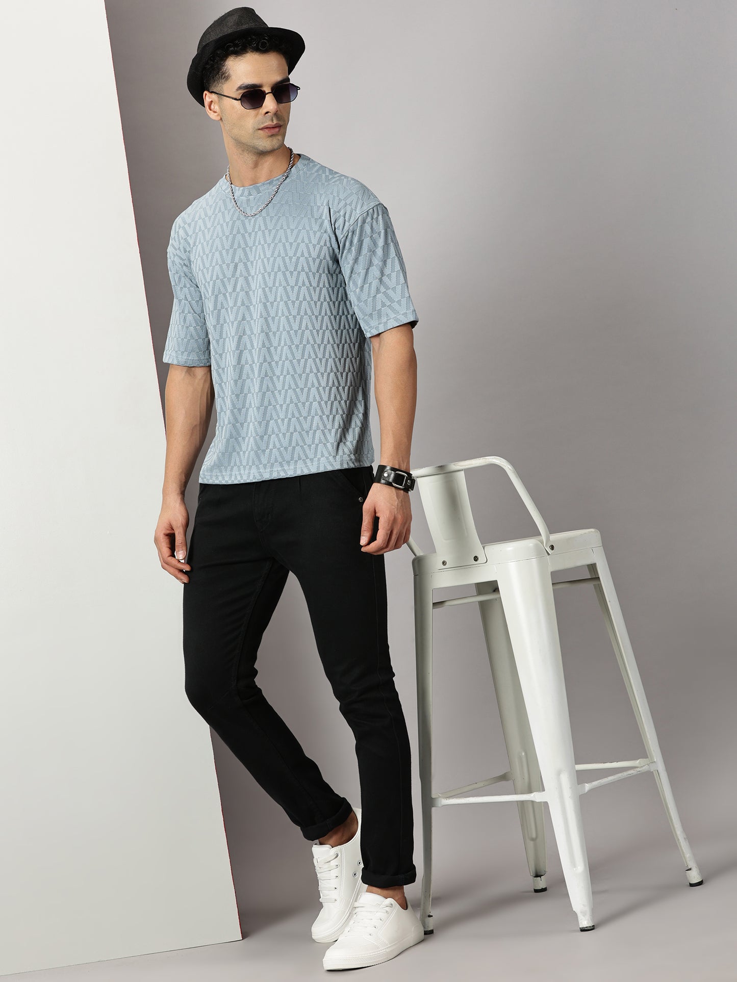 Fresco Light Blue Oversized Textured T-Shirt