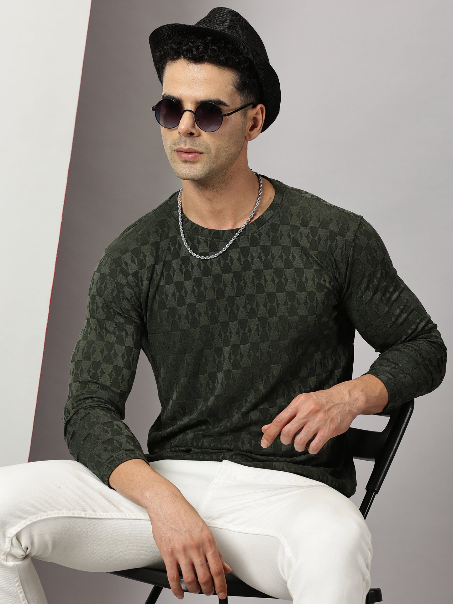 Olive Green Textured  Full-sleeve T-Shirt