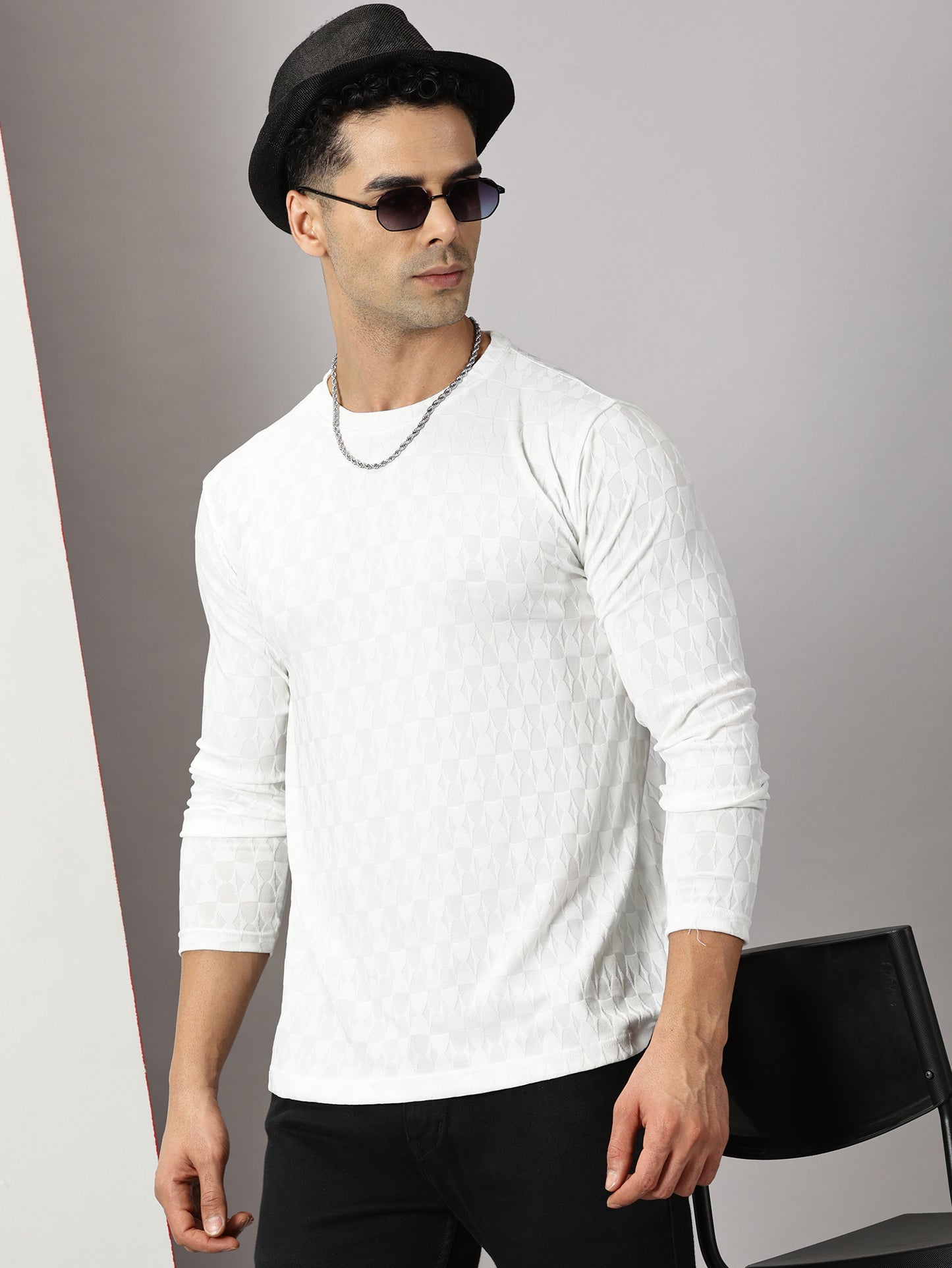 White Textured  Full-sleeve T-Shirt