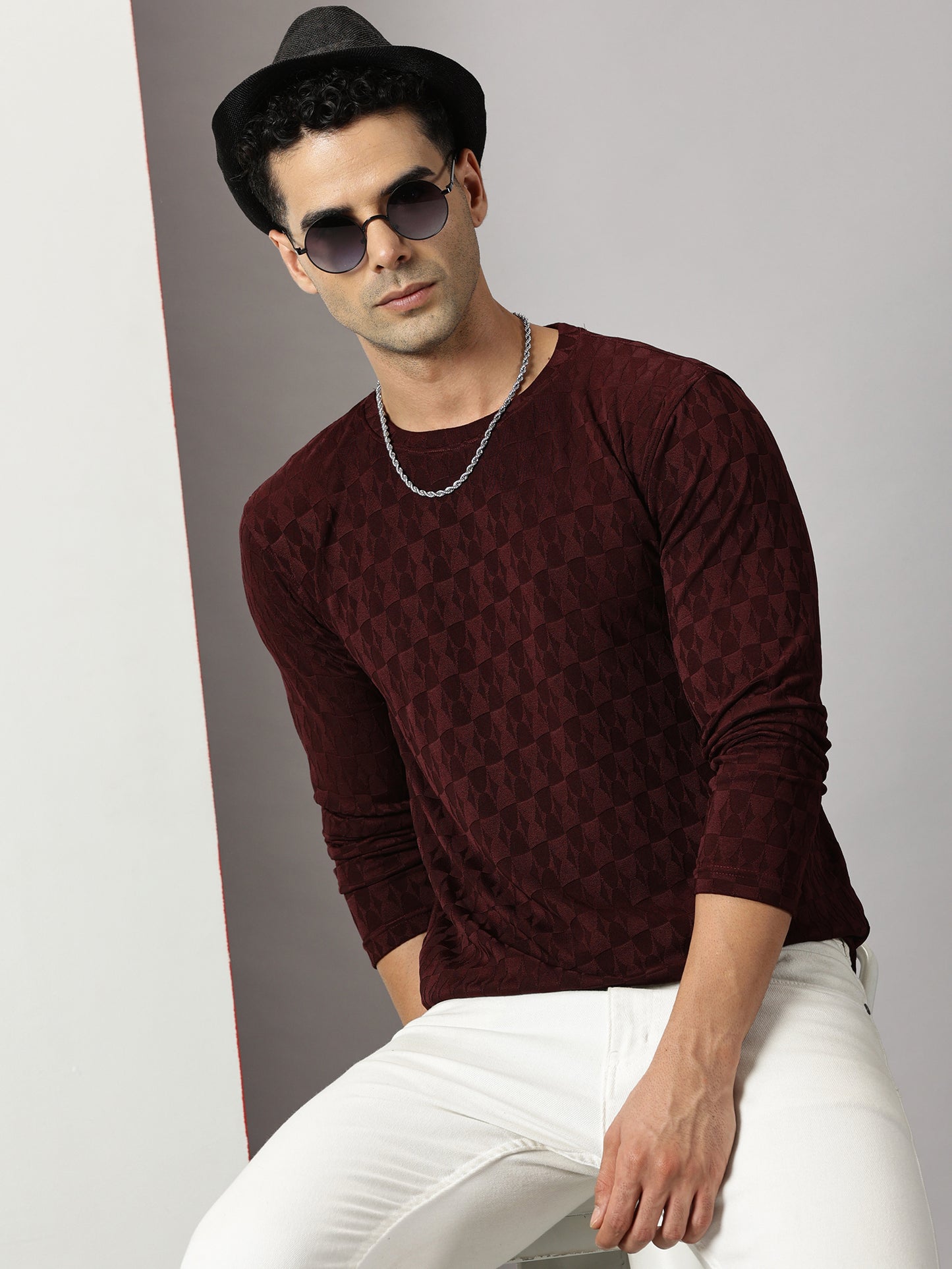 Maroon Textured  Full-sleeve T-Shirt