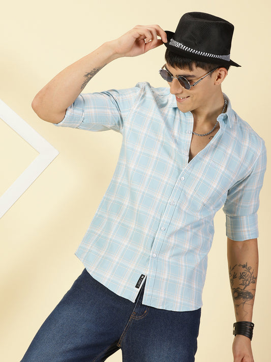 Giza Cotton Checks Sky Blue Shirt