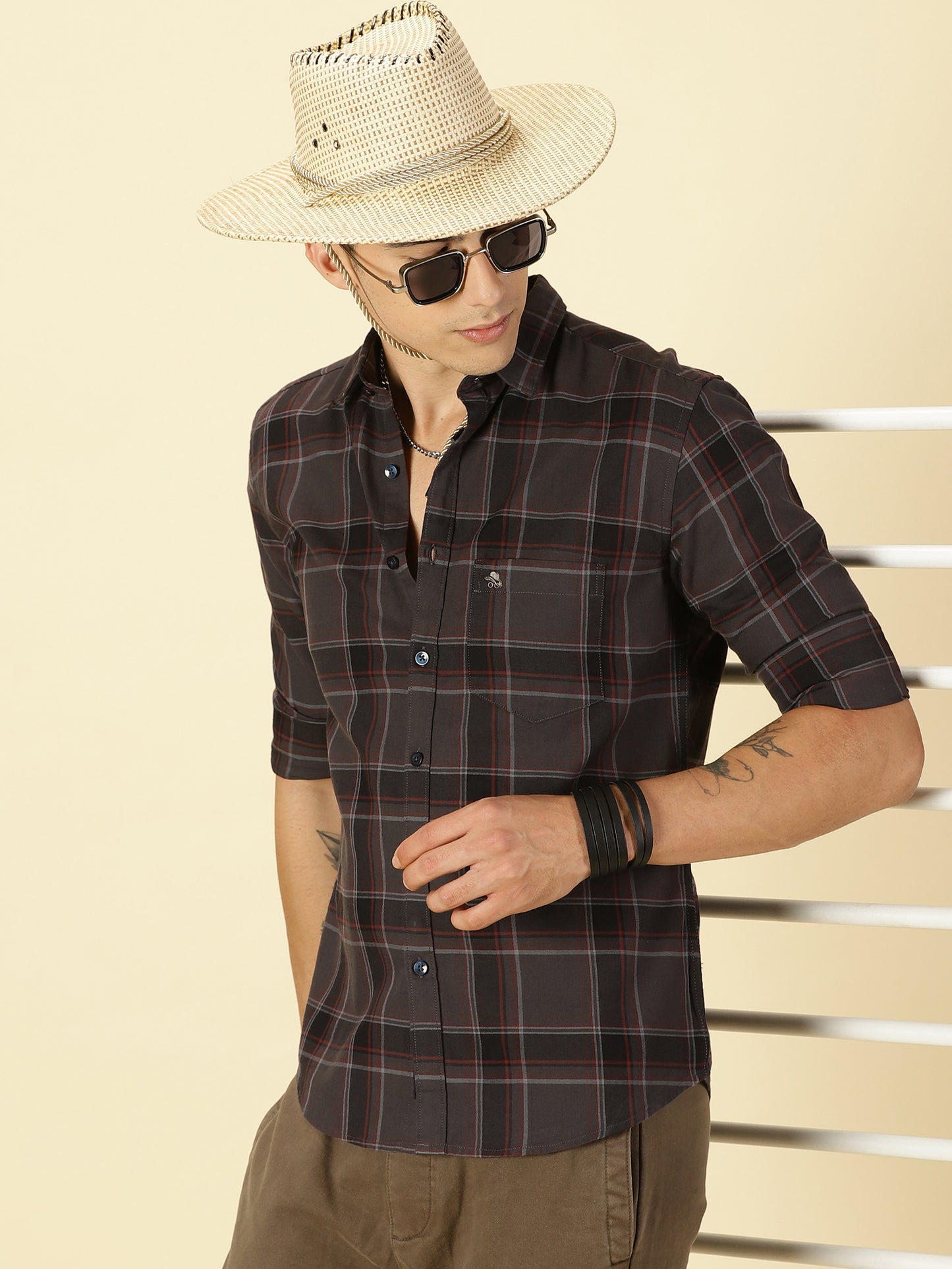 Giza Cotton Checks Dark Grey Shirt