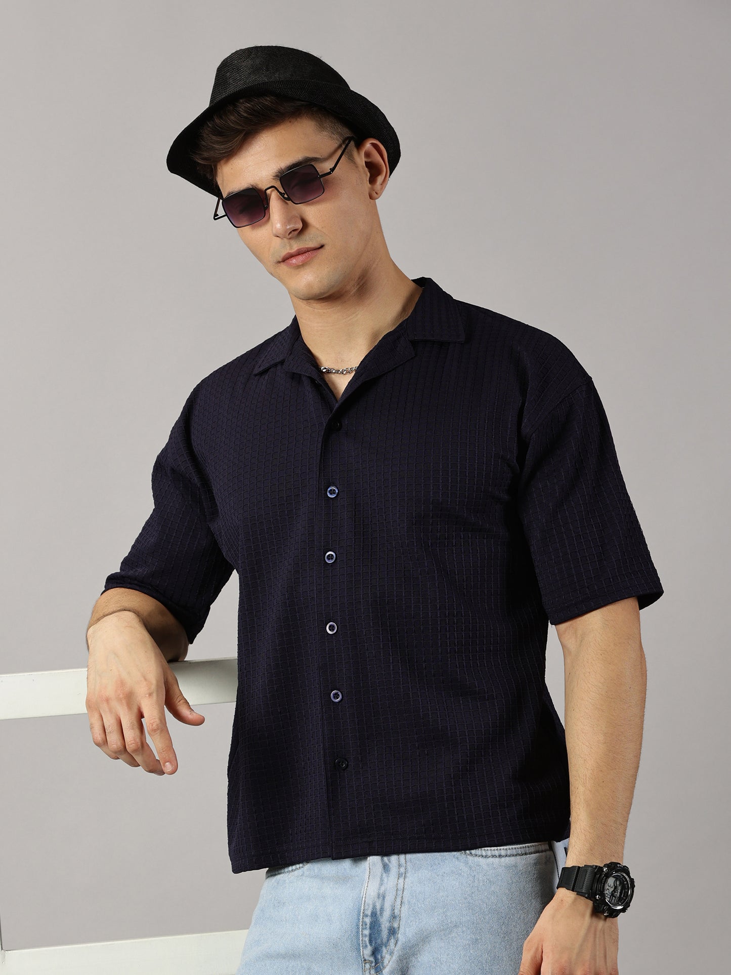 Oversized Textured Navy Blue Shirt