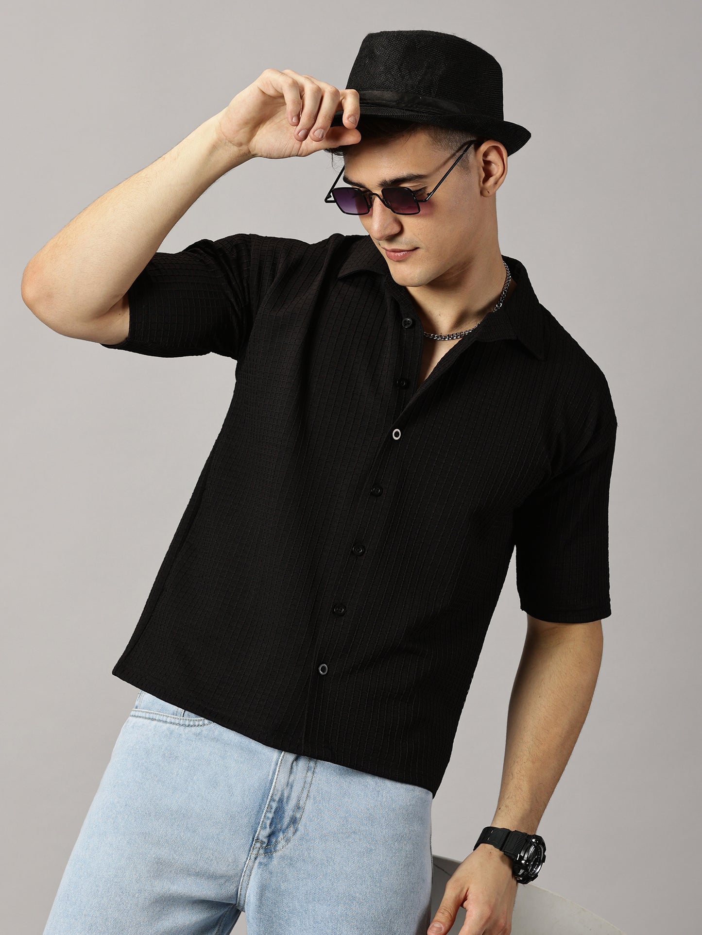 Oversized Textured Black Shirt