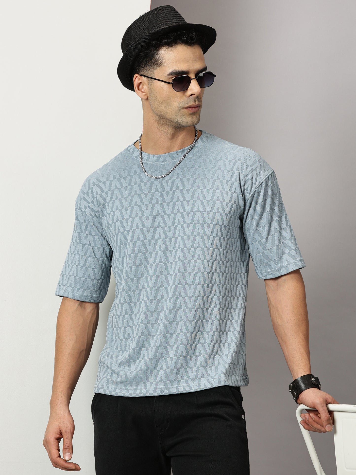 Fresco Light Blue Oversized Textured T-Shirt