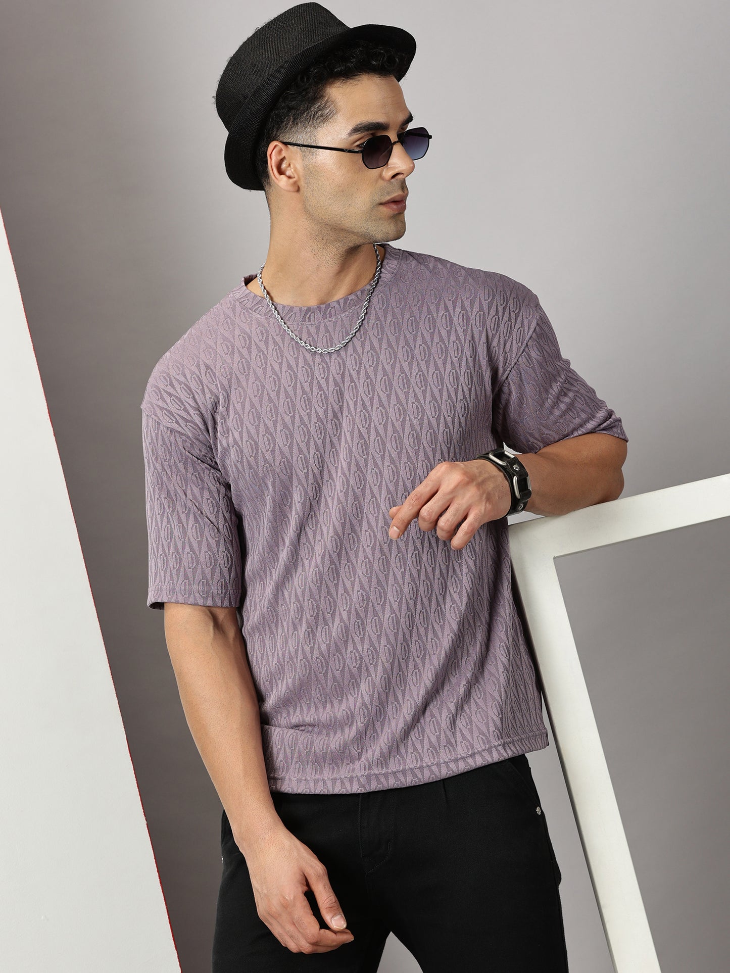 Purple Oversized Textured T-Shirt