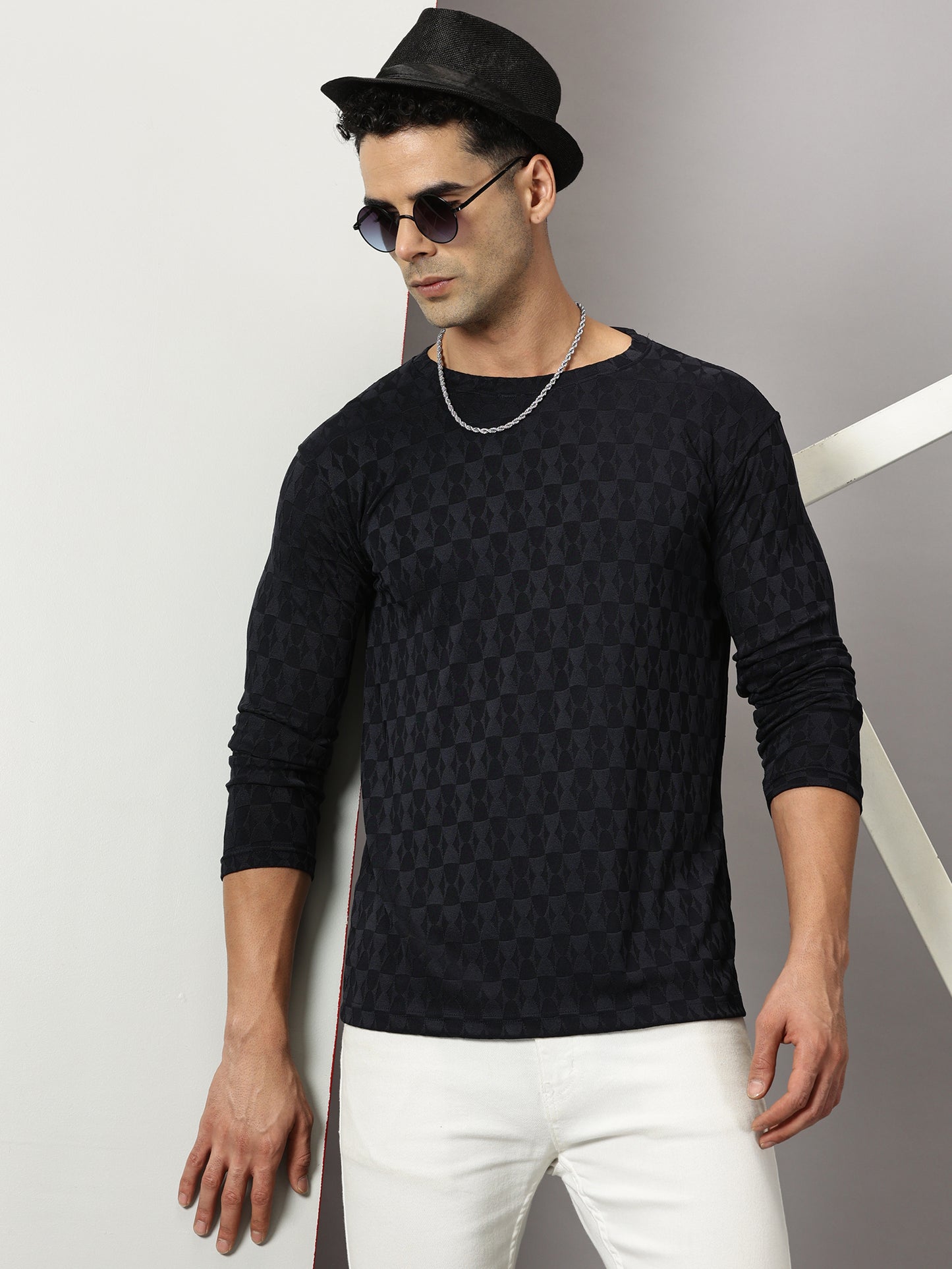 Navy Textured  Full-sleeve T-Shirt