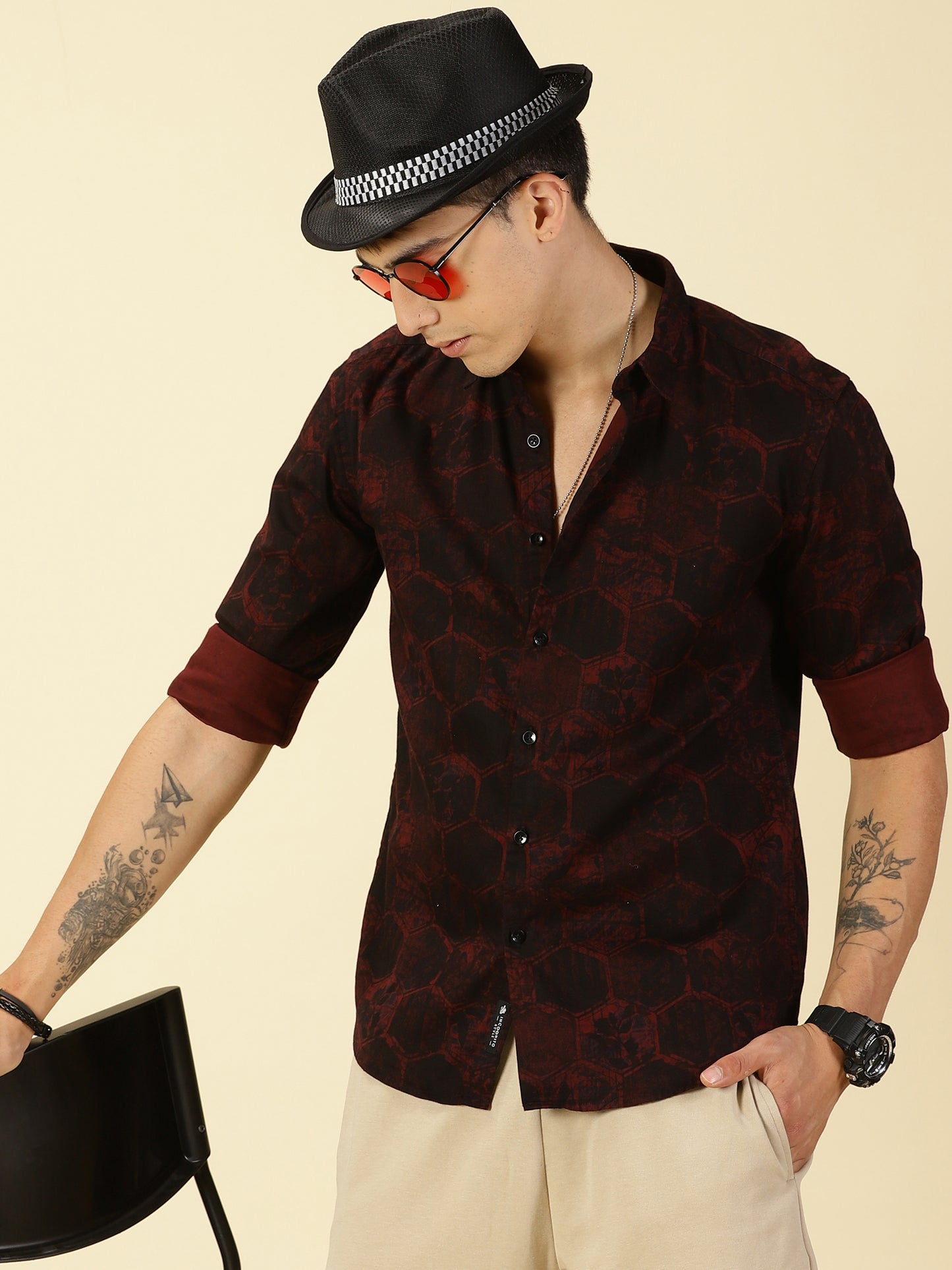 Twill Cotton Printed Dark Maroon Shirt