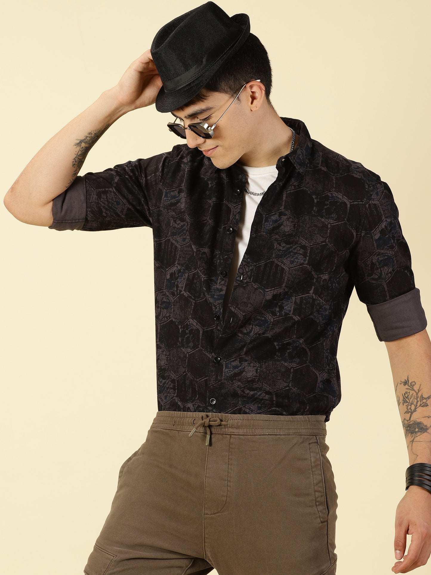 Twill Cotton Printed Dark Grey Shirt