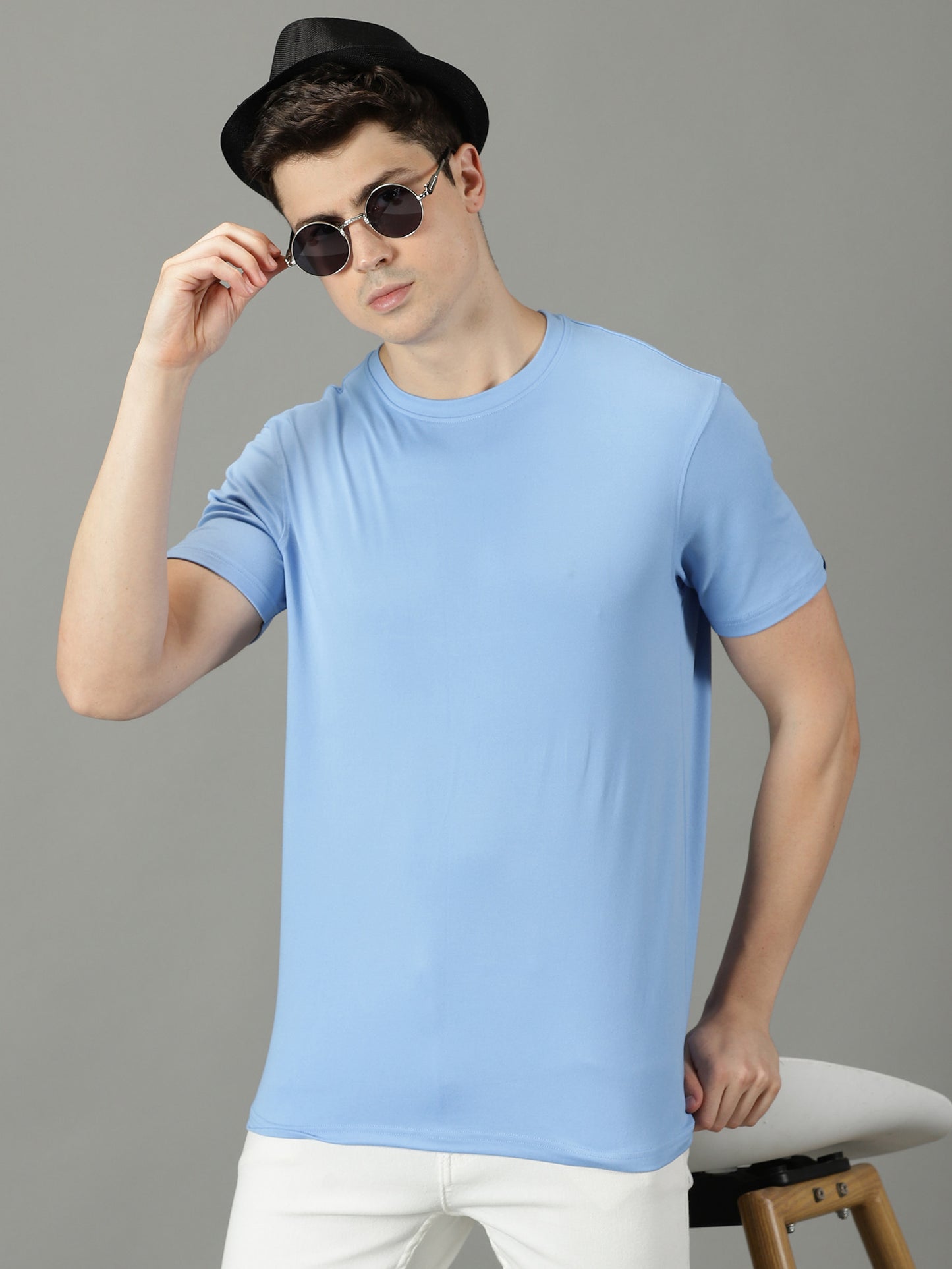 Sky Blue Solid Crew Neck T-shirt