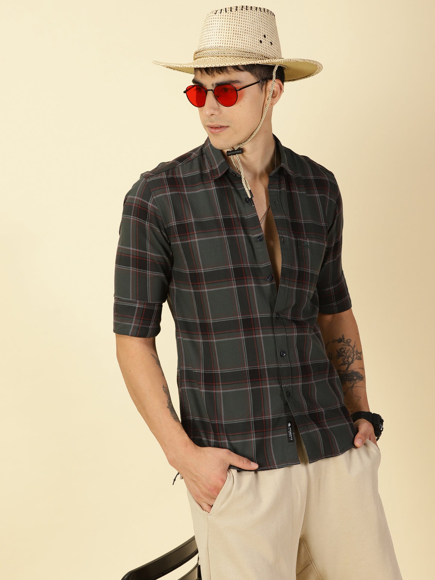 Giza Cotton Checks Olive Green Shirt