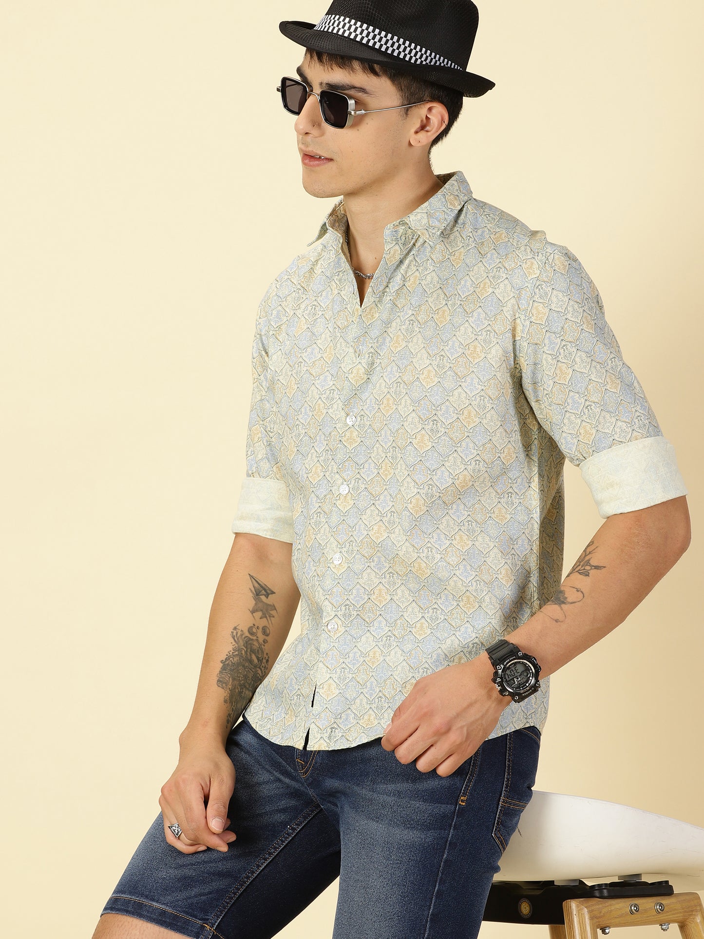 Cotton Linen Printed Light Yellow Shirt