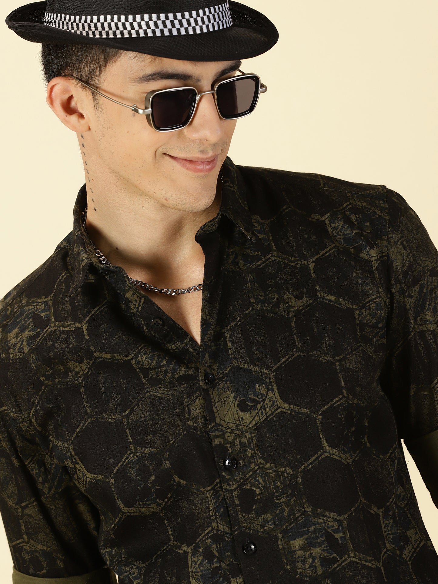 Twill Cotton Printed Dark Green Shirt