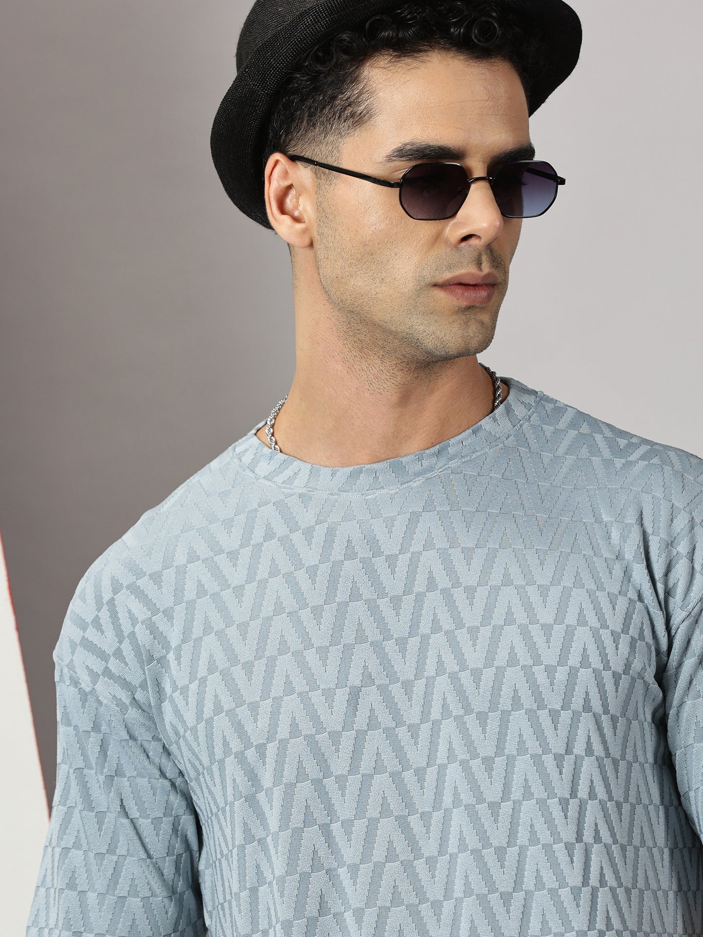 Fresco Light Blue Oversized Textured T-Shirt