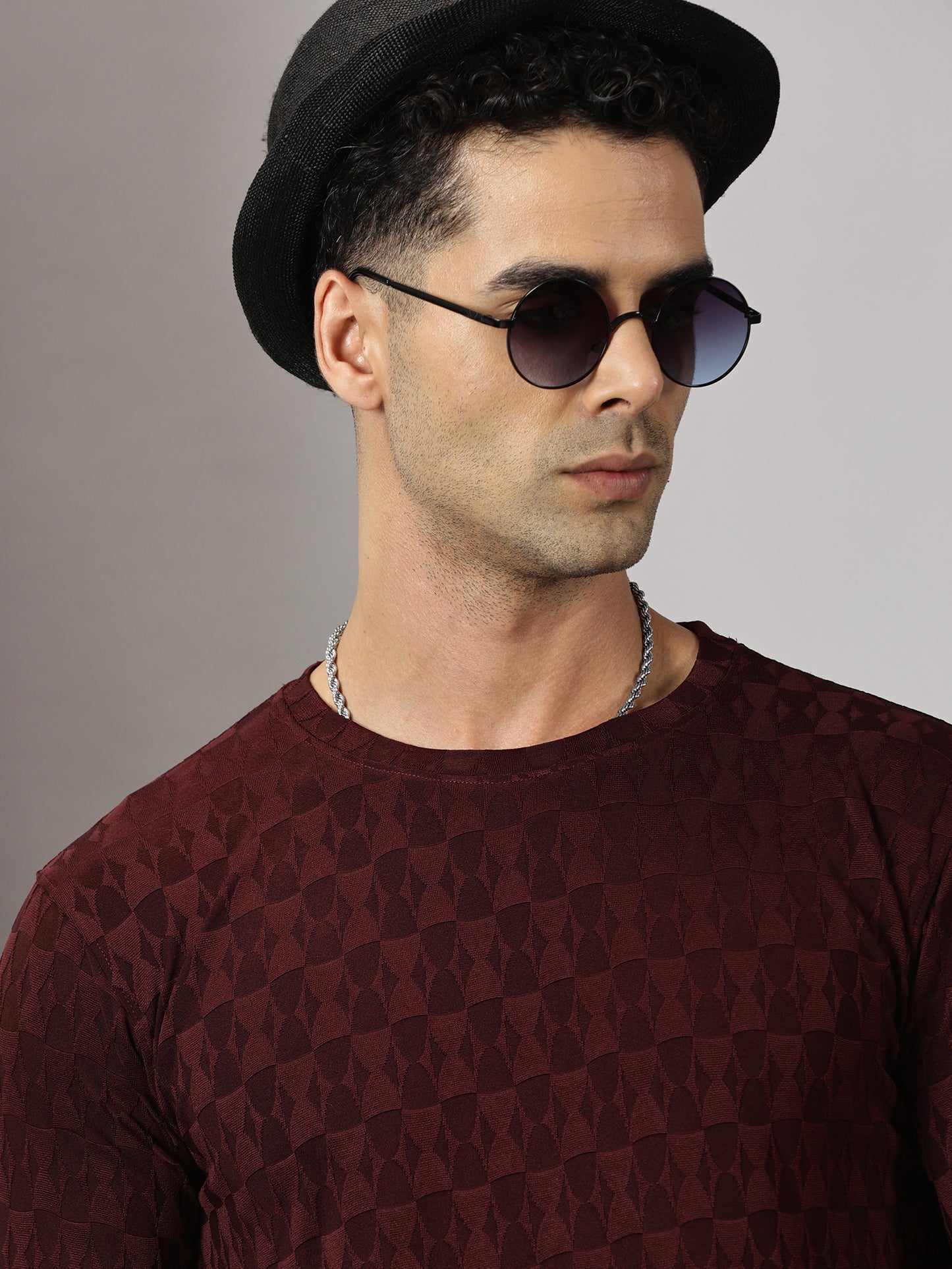 Maroon Textured  Full-sleeve T-Shirt