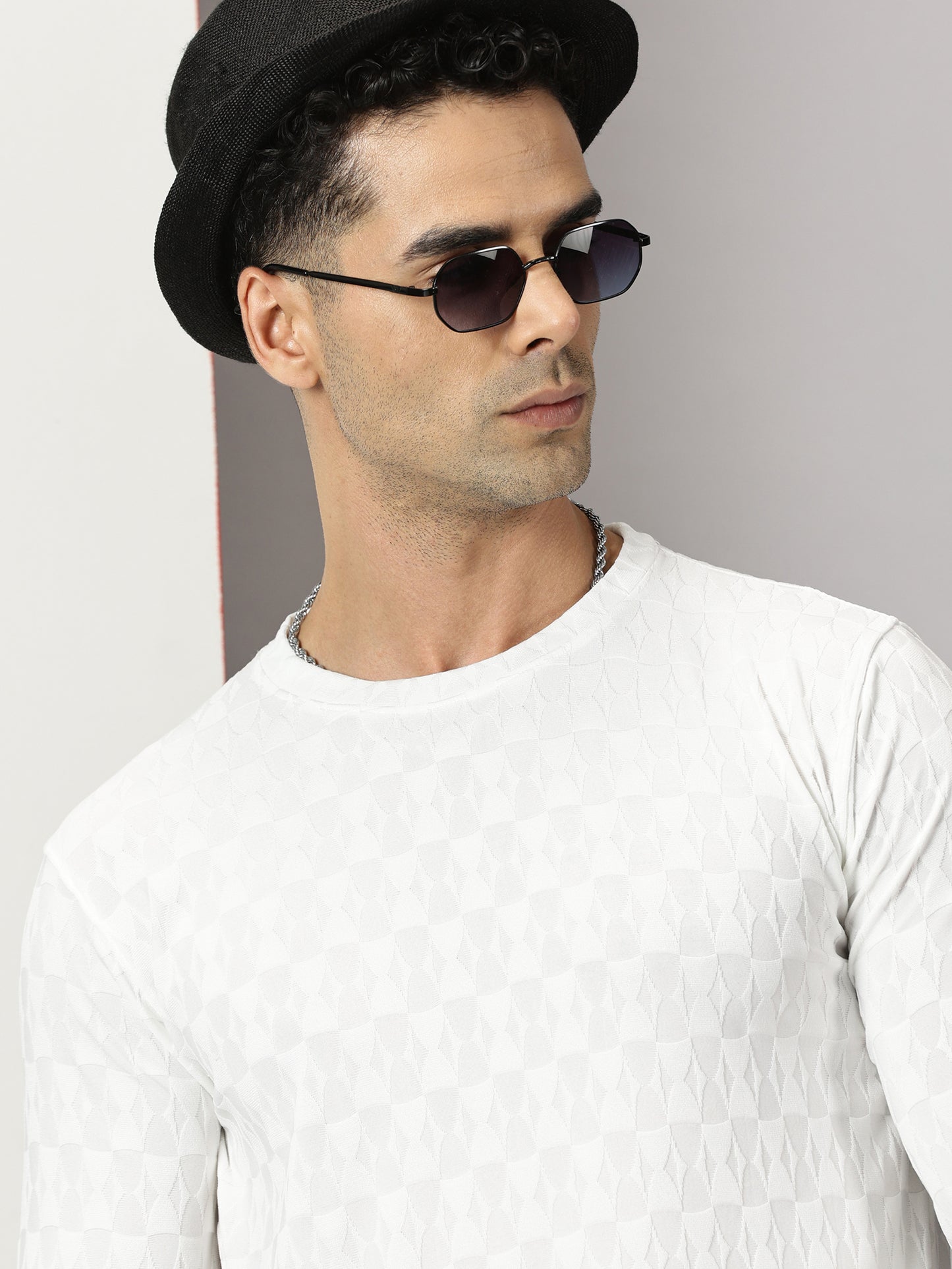 White Textured  Full-sleeve T-Shirt