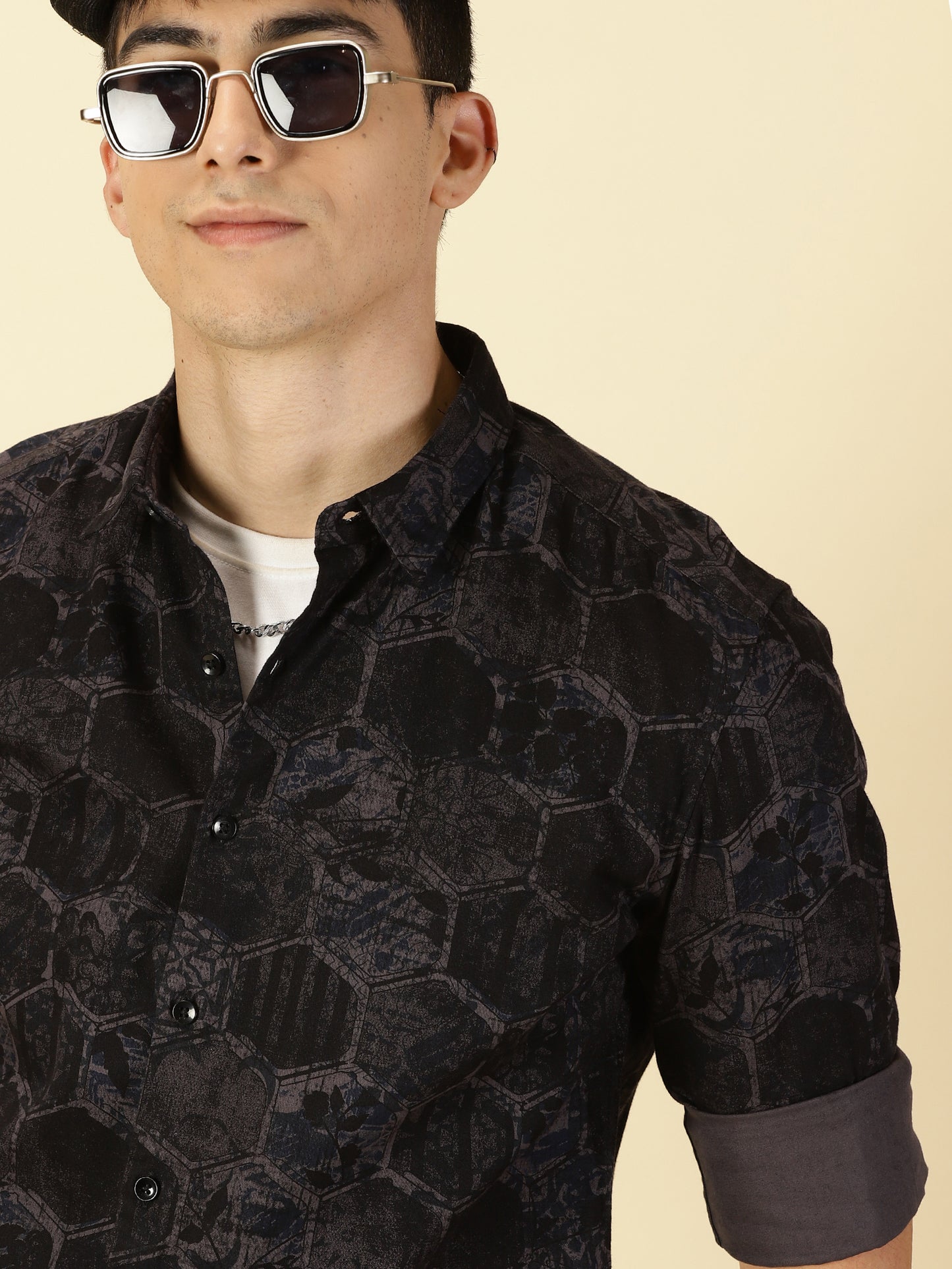 Twill Cotton Printed Dark Grey Shirt