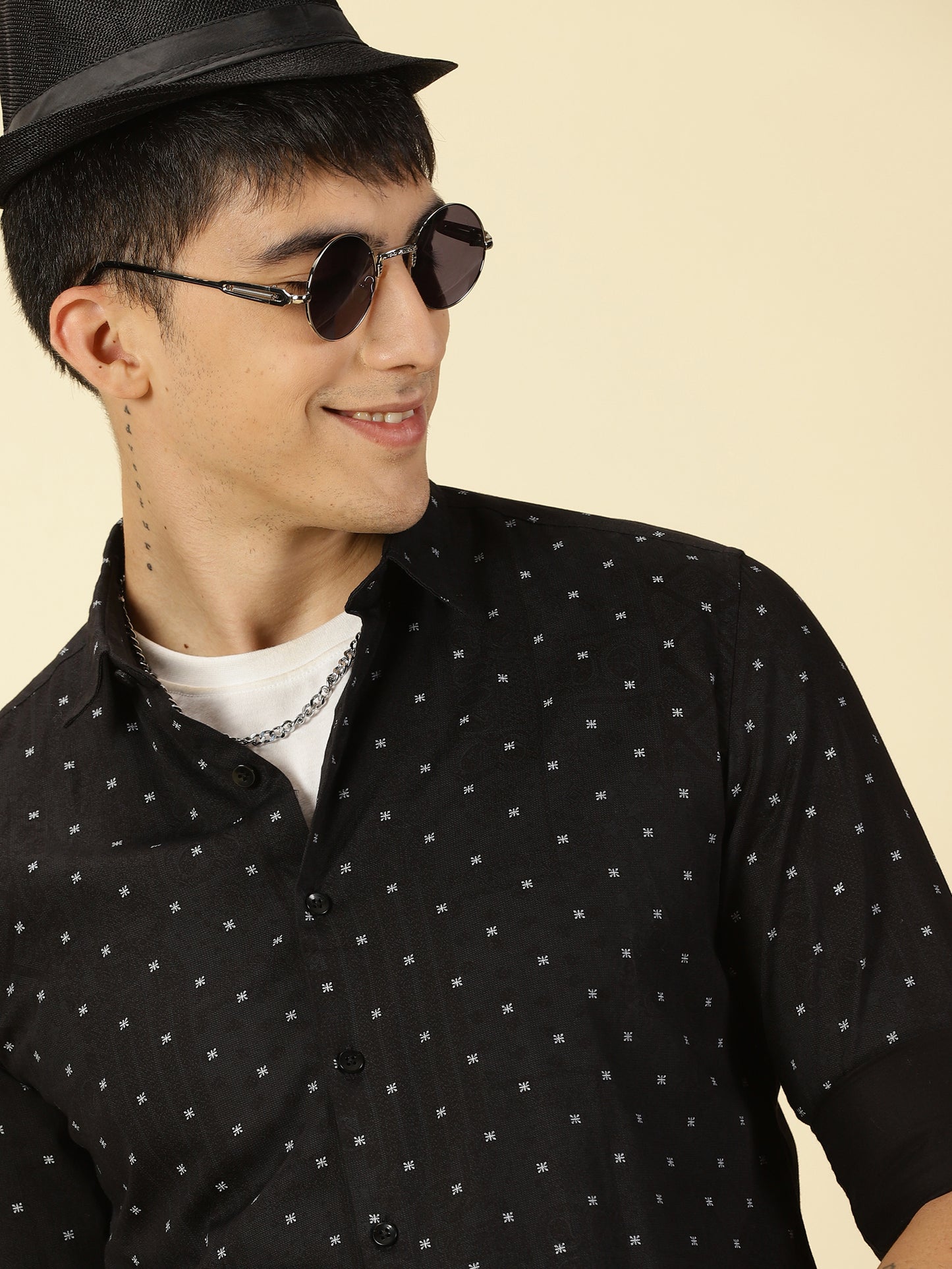 Cotton Satin Printed Black Shirt