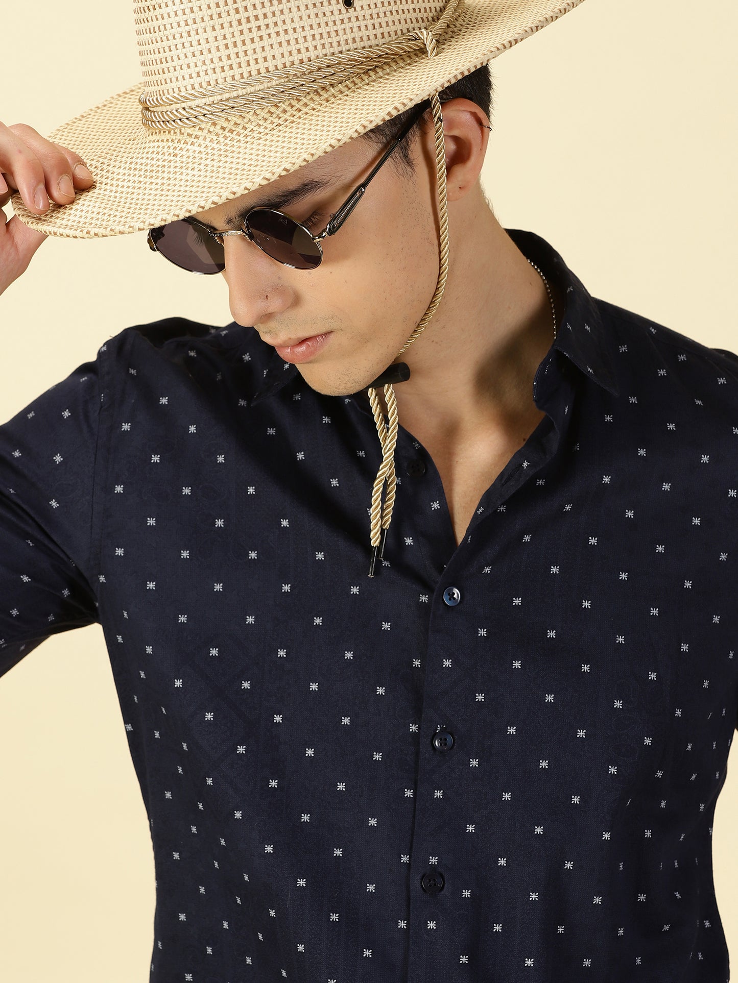 Cotton Satin Printed Navy Blue Shirt